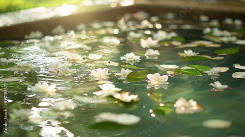 Bath filled with water with flower petals and herbs in a serene outdoor setting with soft sunlight photo