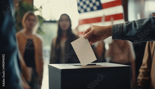 A hand casting a ballot into a ballot box with supporters in the background, symbolizing civic duty and democratic participation. photo