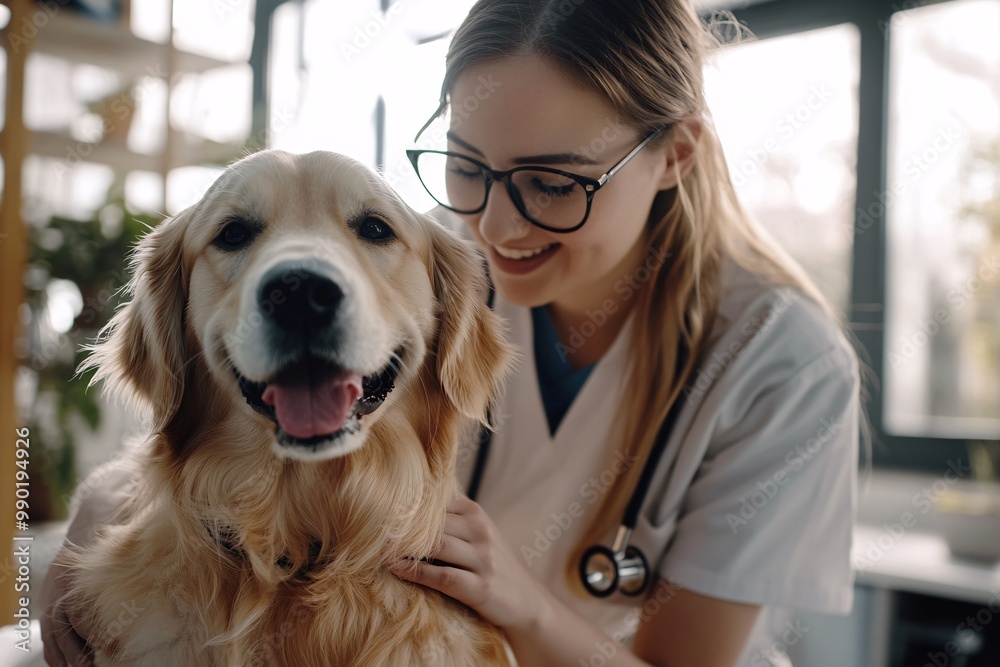 A veterinarian smiling while caring for a golden retriever in a bright, welcoming clinic, showcasing love for pets and professional care. A veterinarian smiling while caring for a golden retriever in a bright, welcoming clinic, showcasing love for pets and professional care.