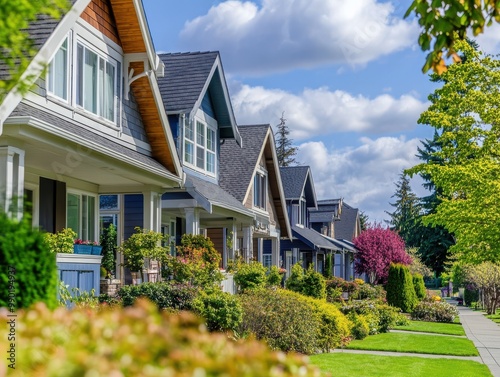 Charming suburban homes lined with lush greenery and blooming flowers under a bright blue sky.