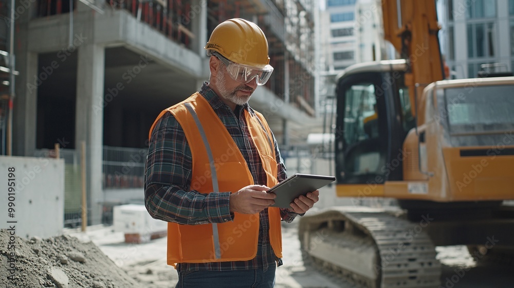 Construction worker using tablet on job site, wearing safety gear, overseeing building project in urban environment. Construction worker using tablet on job site, wearing safety gear, overseeing building project in urban environment.