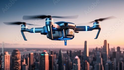 Modern Drone Flying Over Urban Skyline at Sunset