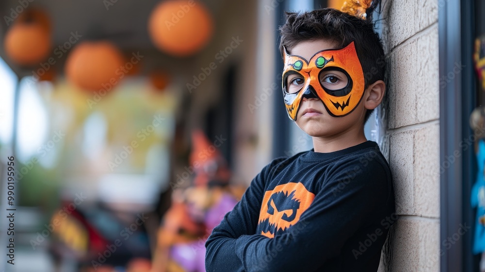Spooky Halloween Fun - Hispanic Boy in Monster Mask by Decorated House Spooky Halloween Fun - Hispanic Boy in Monster Mask by Decorated House