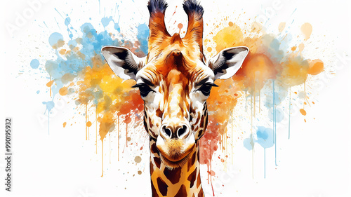 giraffe portrait, watercolor illustration on a white background, liquid paint spots, print for design