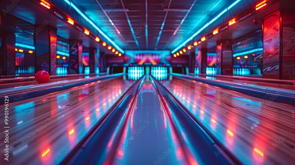 A Red Bowling Ball Rolling Down a Neon-Lit Bowling Lane A Red Bowling Ball Rolling Down a Neon-Lit Bowling Lane
