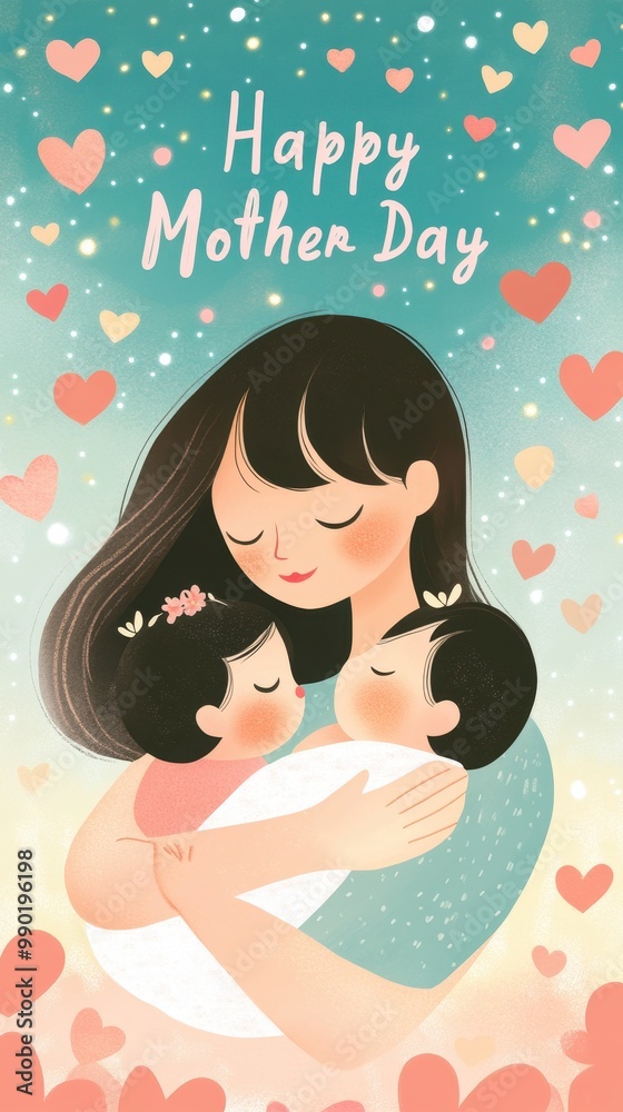 A touching illustration shows a mother hugging her kids, celebrating love and connection A touching illustration shows a mother hugging her kids, celebrating love and connection