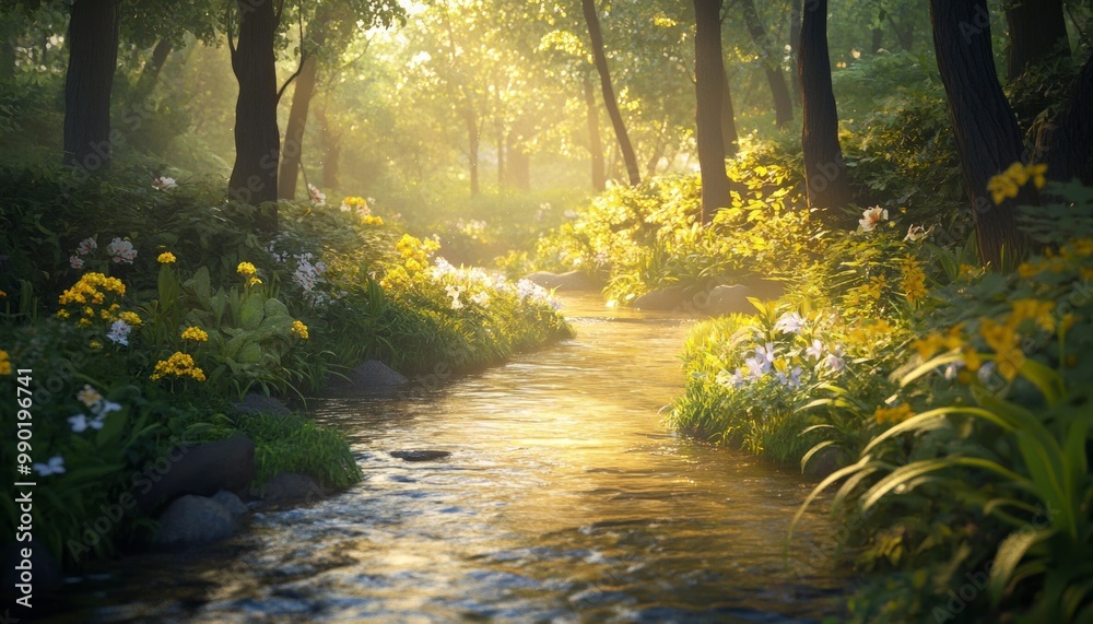 Obraz premium Sunlit Forest Stream with Vibrant Flowers and Lush Greenery
