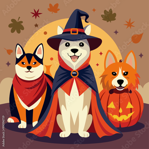 Trick or Treat! Adorable Dogs in Halloween Costumes: Three adorable dogs dressed in their best Halloween costumes, ready for a fun and spooky celebration.  A playful and heartwarming image perfect for