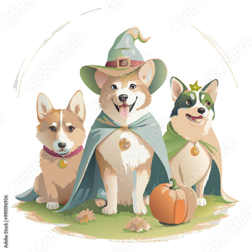 Corgi Halloween: Three adorable Corgis in whimsical costumes celebrate Halloween with a festive pumpkin.  