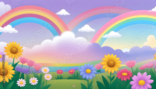 colorful landscape with a rainbow field background kids child