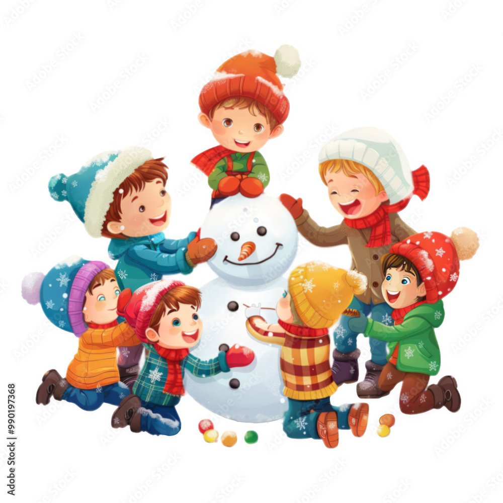 Cute Cartoon Children Building a Snowman Cute Cartoon Children Building a Snowman