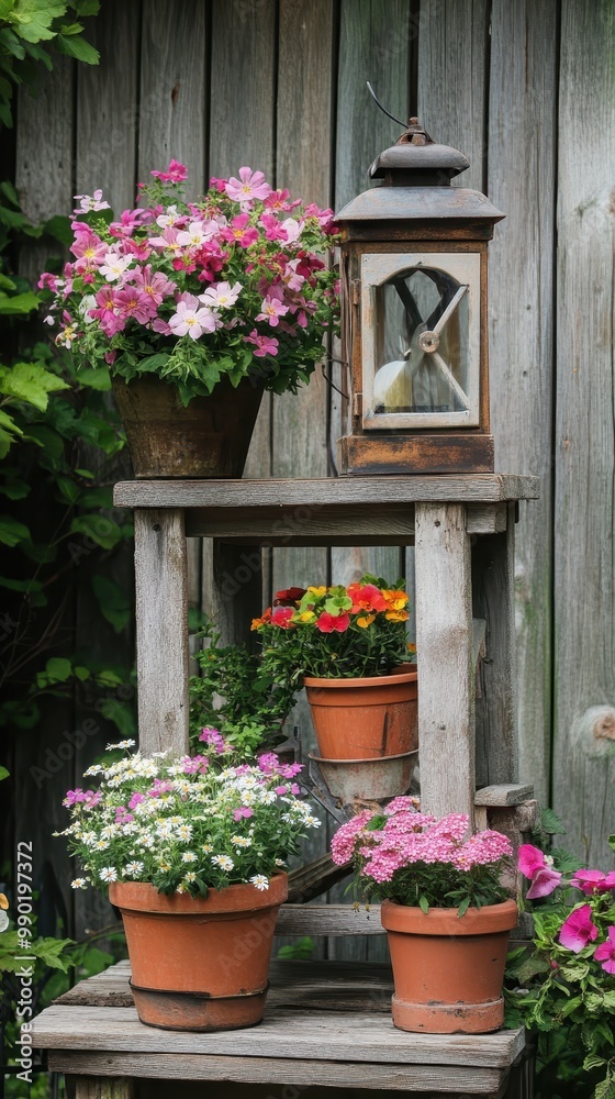 Fototapeta premium Celebrate Mother’s Day with potted flowers and a rustic lantern by the garden fence