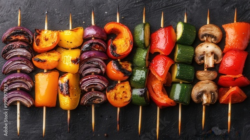 Colorful vegetable skewers displayed on a black surface, featuring grilled peppers, mushrooms, onions, and zucchini, perfect for healthy meals or barbecues. photo