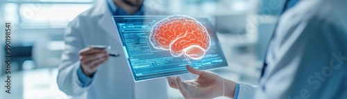 Doctor and patient in consultation, holographic brain with highlighted pain and nausea areas, symbolizing the diagnosis process of chronic headaches and nausea