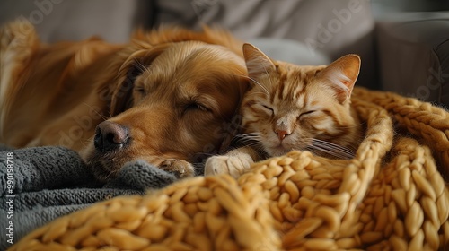 A Sleeping Golden Retriever and Orange Tabby Cat Cuddle in a Blanket