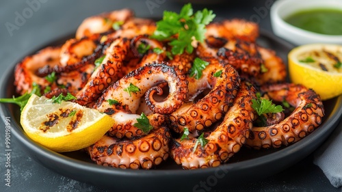 Grilled octopus garnished with herbs and lemon, served on a black plate, showcasing a vibrant dish perfect for seafood lovers. photo