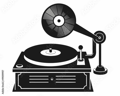 Retro Vinyl Record Player Silhouette with Spinning Disc and Tonearm.