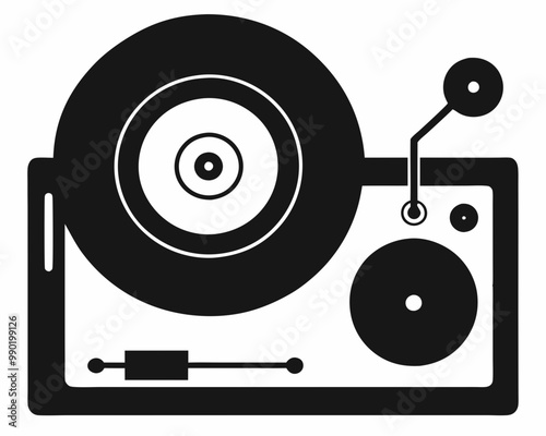 Retro Vinyl Record Player Silhouette with Spinning Disc and Tonearm.