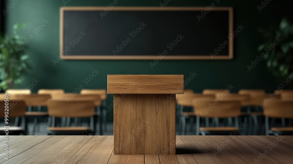 The podium awaits presentations in a bright classroom with chairs and a blackboard The podium awaits presentations in a bright classroom with chairs and a blackboard