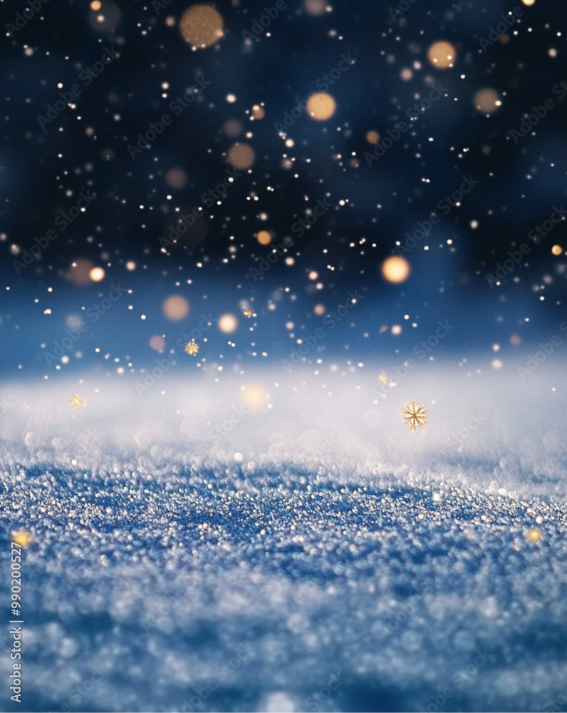 A beautiful photograph of snowflakes falling on the ground, with some golden and silver small fireflies flying in front of it. The background is dark blue blurred lights A beautiful photograph of snowflakes falling on the ground, with some golden and silver small fireflies flying in front of it. The background is dark blue blurred lights