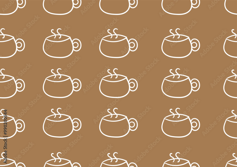 Doodle art cup of coffee or tea with seamless patterns on a brown background. For cards, frames, posters, book covers, textiles, wallpaper, wrapping and fabric.