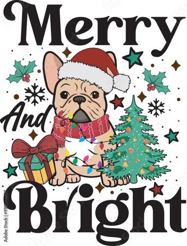 39.Merry And Bright Christmas Lights French Bulldog T shirt Design