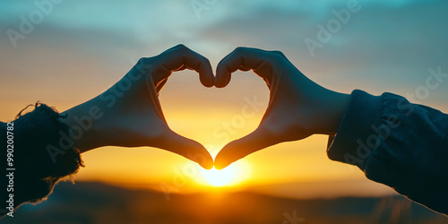 Creating description and keywords for imageTwo hands forming heart shape against sunset, symbolizing love and connection. warm colors evoke sense of peace and togetherness photo