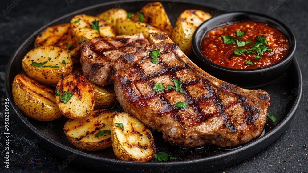 Φωτογραφία Grilled steak with crispy potatoes and spicy sauce, garnished with herbs on a black plate, perfect for a hearty meal