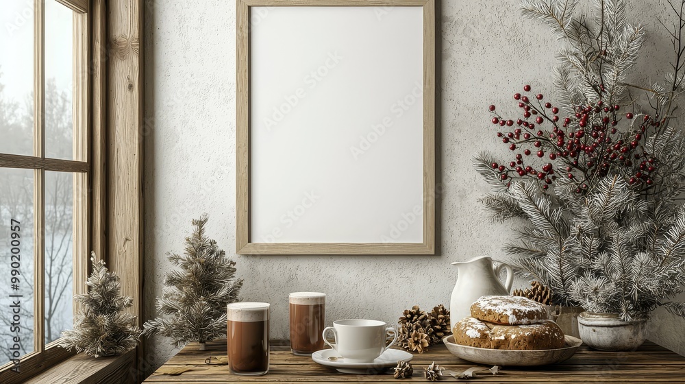 Fototapeta premium A simple wooden vertical frame elegantly hangs on the wall, just above a cozy table adorned with hot cocoa and festive Christmas baked goods, perfect for holiday decoration.