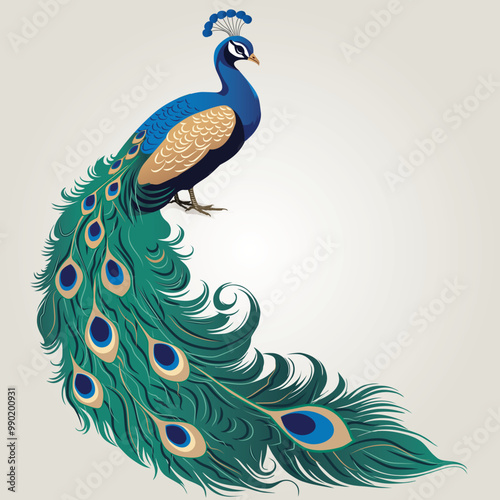 A vibrant, detailed vector of a majestic peacock showcasing its colorful feathers. Ideal for posters, prints, logos, or design projects needing a touch of elegance