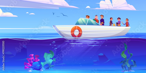 Two men and teenage children on white yacht in sea or ocean with bright tropical seaweeds and corals on bottom prepare dive underwater and put on wetsuits. Cartoon vector seascape with divers.