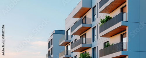 Affordable housing development in a city, showcasing modern, sustainable apartments with lowcost construction methods