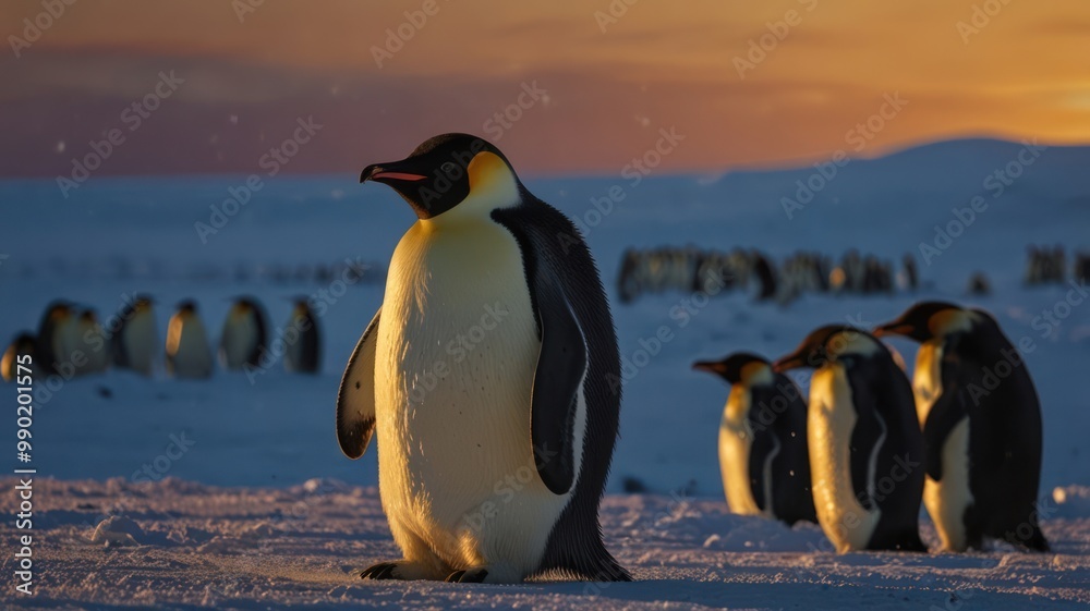 Obraz premium Emperor Penguin at Sunset in Antarctica