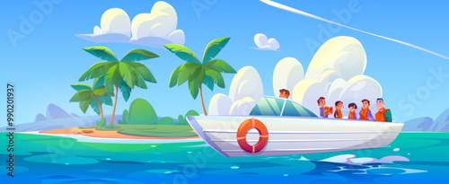 Men and female adolescents in life jackets confused to see treasure chest in hands of teenager boy while sailing in yacht. Cartoon vector sea or ocean landscape with palm trees and sand on island