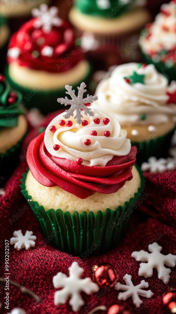 Colorful Christmas cupcakes beautifully displayed on a festive table Colorful Christmas cupcakes beautifully displayed on a festive table