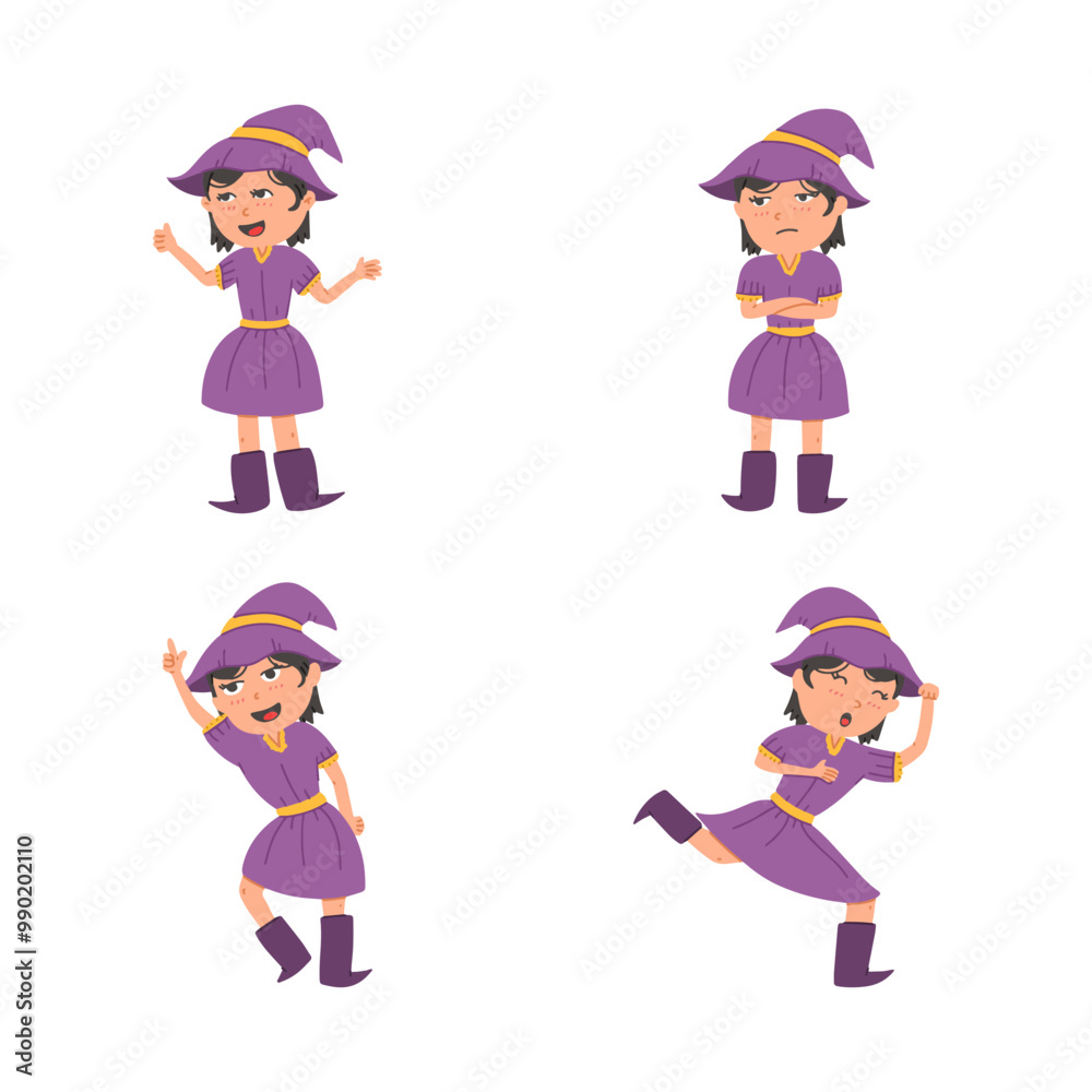 Cute witch girl mascot character icon symbol hand drawn style. collection of isolated cartoon illustrations Cute witch girl mascot character icon symbol hand drawn style. collection of isolated cartoon illustrations