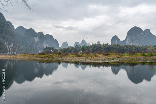 Landscape of Guilin. Li River and Karst mountains at sunset in Guilin, Guangxi, China.