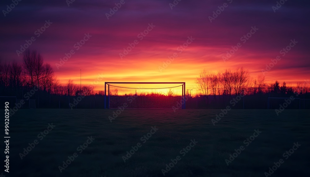 Fototapeta premium A stunning sunset behind a soccer goal, casting vibrant colors over a peaceful field, perfect for sports and nature themes.