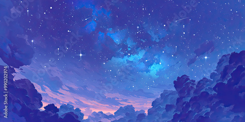 Blue hour anime sky background, stars cartoon style blue skies white clouds, cloudscape, night skyscape illustration wallpaper, generated ai