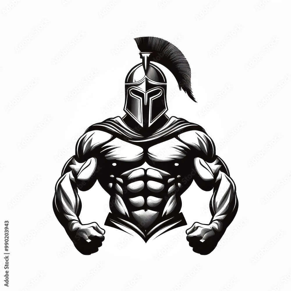 Obraz premium High-Resolution Illustration of a Muscular Spartan Warrior with a Unique Helmet, Transparent PNG
