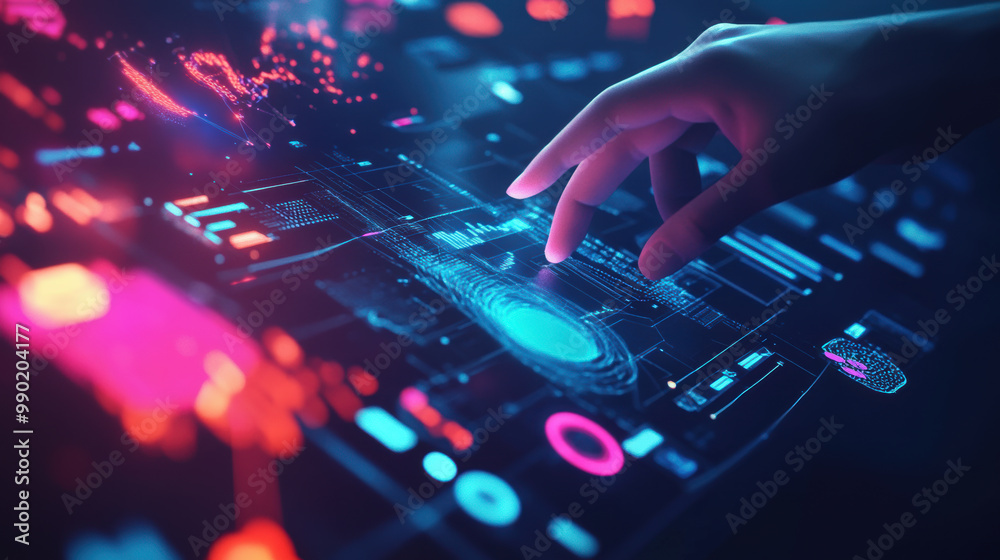 hand interacts with futuristic digital interface, showcasing vibrant colors and intricate data visualizations. scene conveys sense of advanced technology and innovation hand interacts with futuristic digital interface, showcasing vibrant colors and intricate data visualizations. scene conveys sense of advanced technology and innovation