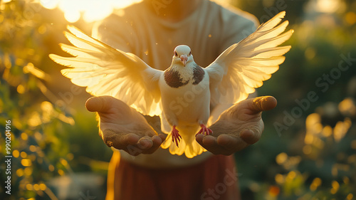 the blazing sun in the middle of the village,a child in a dusty field, his hands open, while the dove thrown from his hands is ready to fly into the sky,  photo