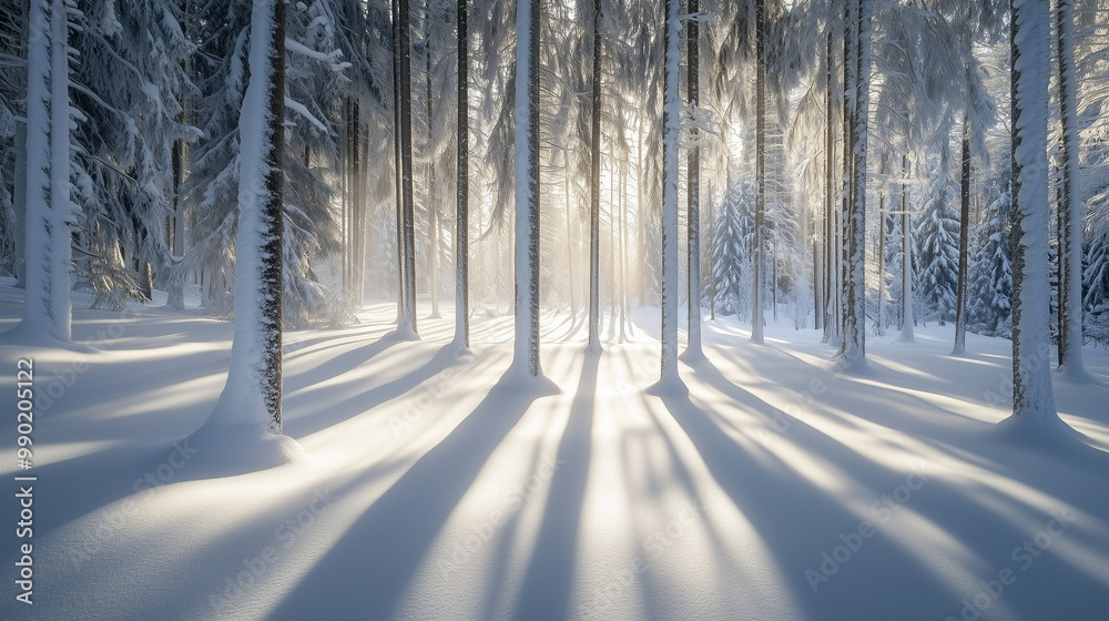 Winter forest with long shadows cast by sunlight, peaceful snowy scene Winter forest with long shadows cast by sunlight, peaceful snowy scene