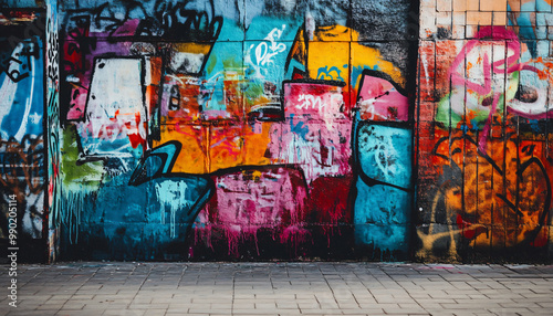 A graffiti-covered urban wall, showcasing vibrant colors, bold lines, and an edgy, artistic vibe