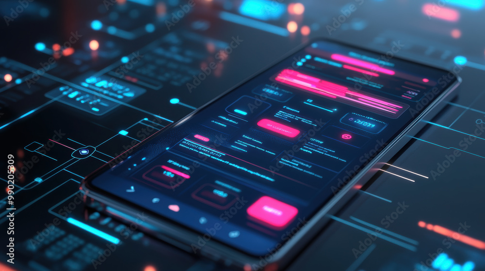 smartphone displaying futuristic user interface with vibrant colors and digital elements, showcasing advanced technology and smart layouts smartphone displaying futuristic user interface with vibrant colors and digital elements, showcasing advanced technology and smart layouts