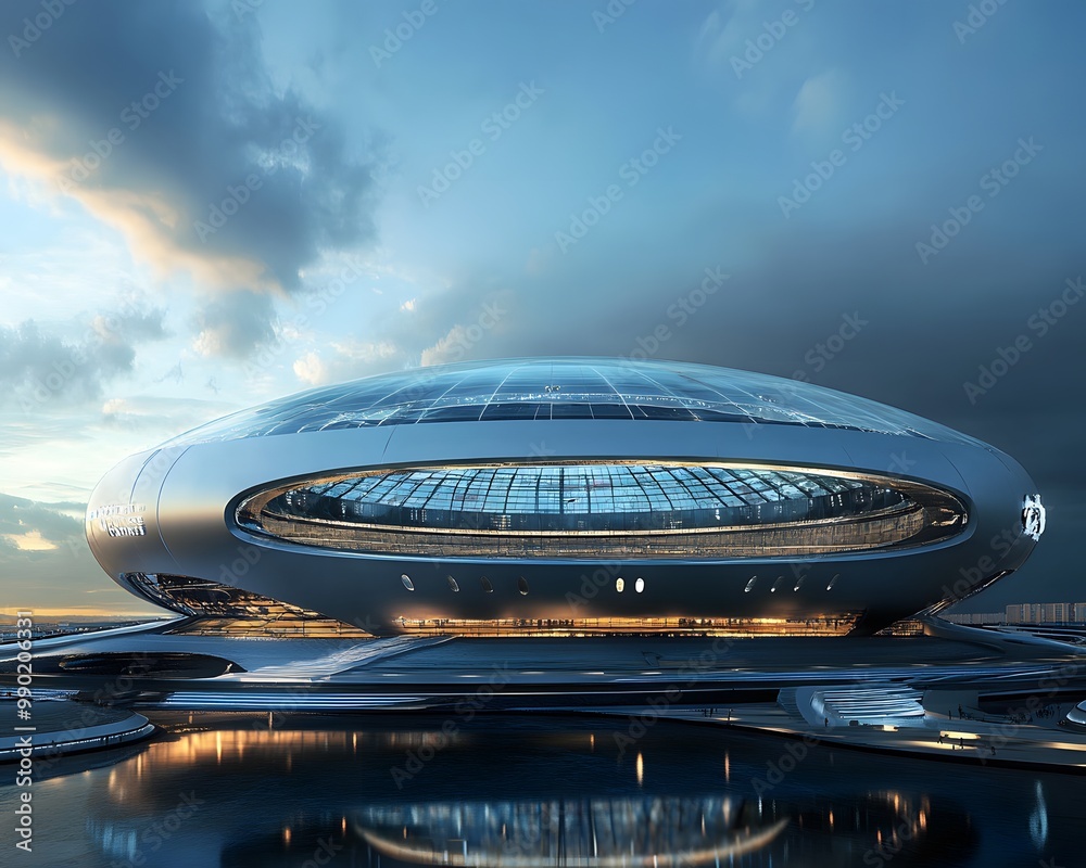 Obraz premium A stunning futuristic architecture design featuring a unique stadium with glass elements against a moody sky.