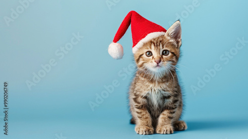 Christmas and New Years celebration concept. Cute seious newborn kitten cat with flower crown on yellow isolated background. Copy paste empty place for text photo