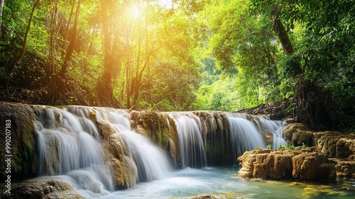 Panoramic beautiful deep forest waterfall in Thailand which is very impressive