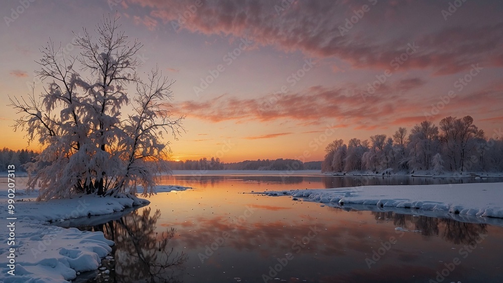 Fototapeta premium Winter Landscape Background with River and Snow-Covered Trees