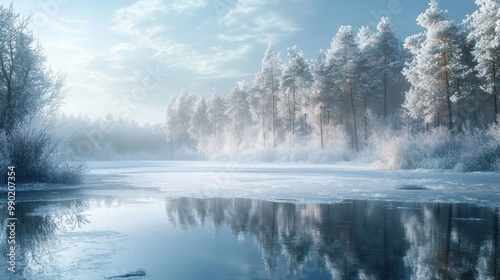 Frozen nature in winter, frozen lake and forest